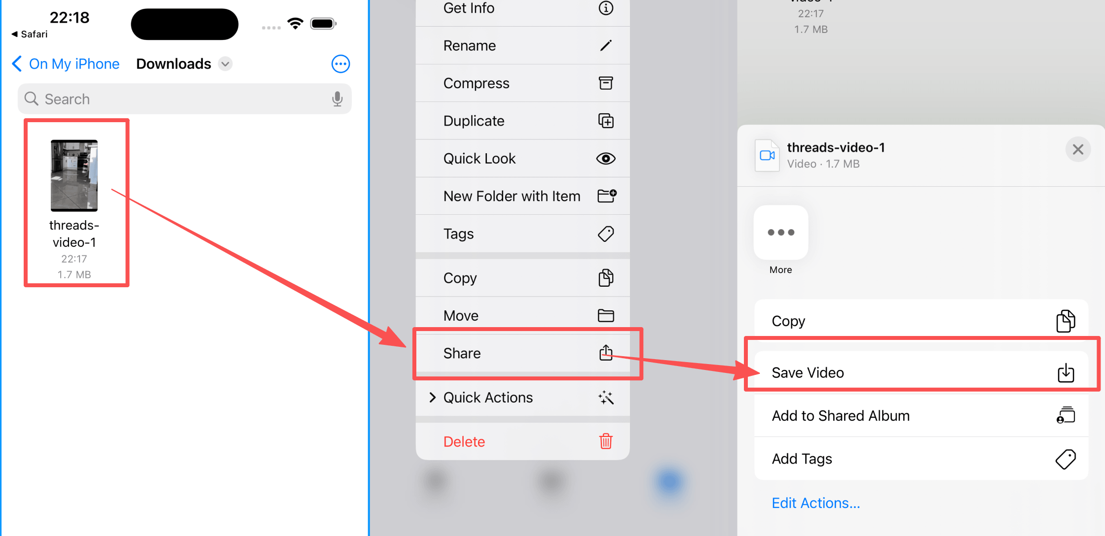Use the iPhone share sheet to save the Threads file to Photos
